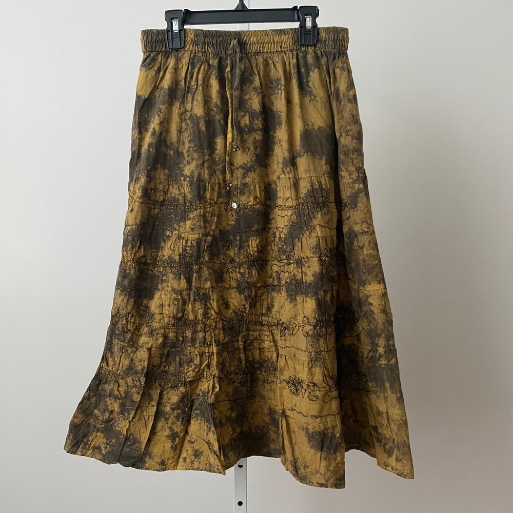 Cotton Boho Lagenlook Earth Colors Tie Dye Beaded Midi Skirt S Brown